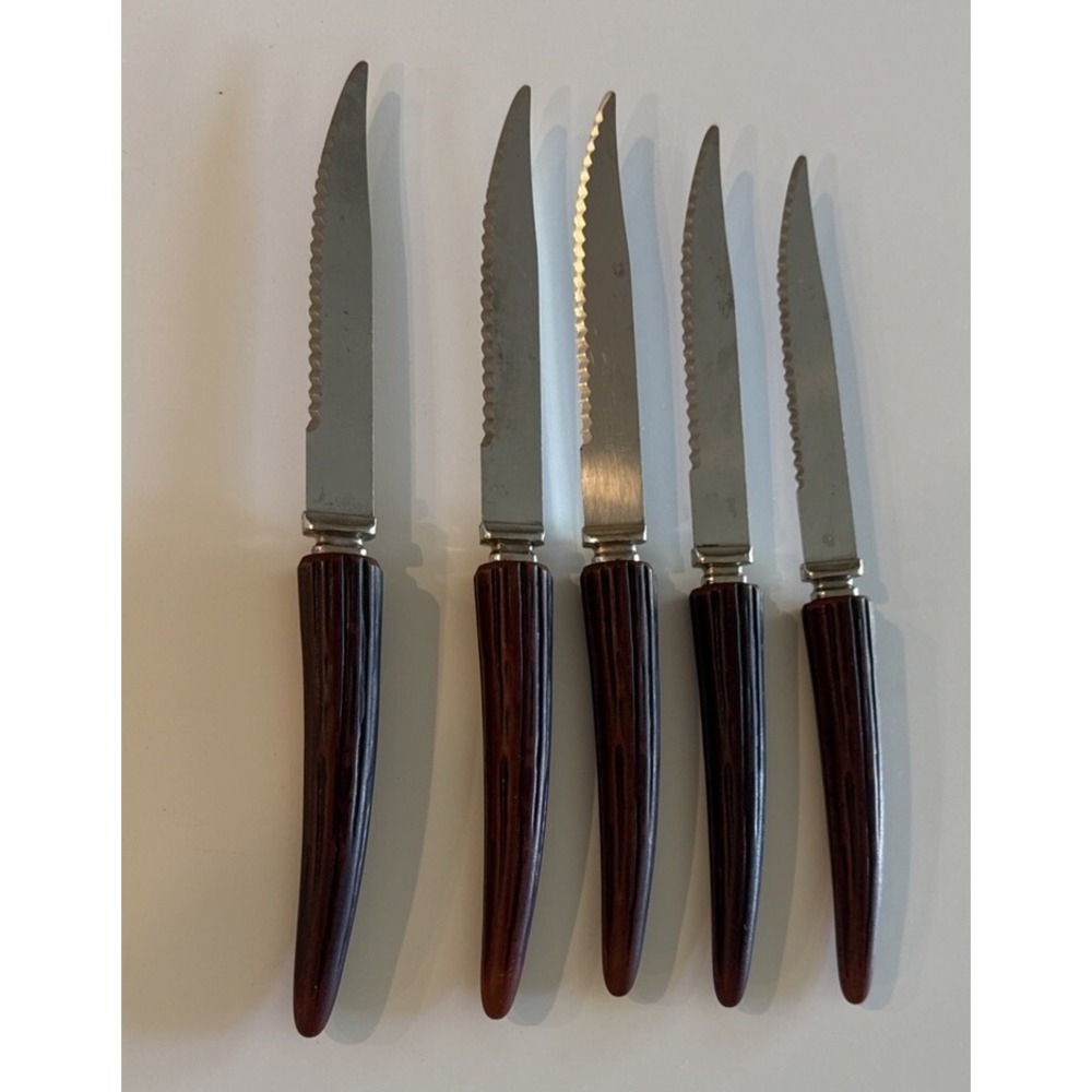 Vtg Regent Stainless Sheffield, England Bakelite Faux Stag Horn Steak Knives 5pc